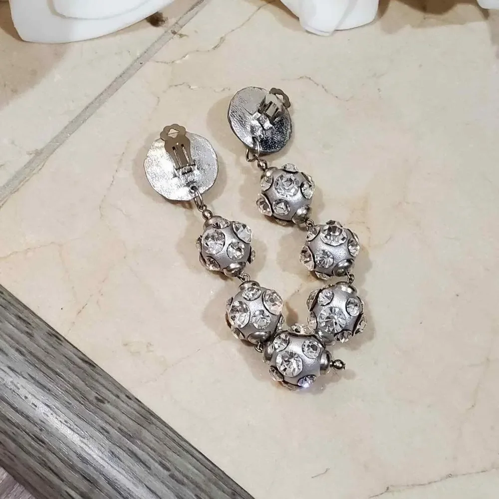 Vintage Style Silver Tone Crystal Tiered Sphere Clip On Drop Statement Earrings